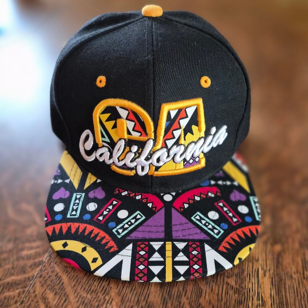 Vtg California Snapback Hat Joycap Black‎ Hawk Tribal Geometric Festival